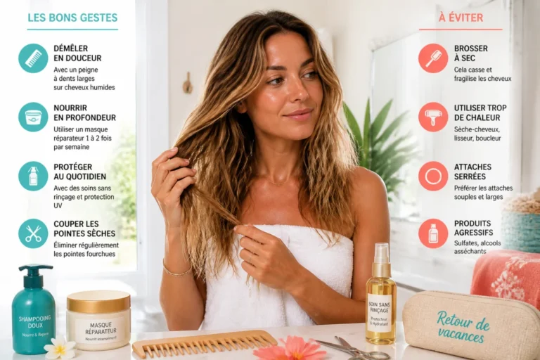 Soins des cheveux après la plage et gestes qui font vraiment la différence