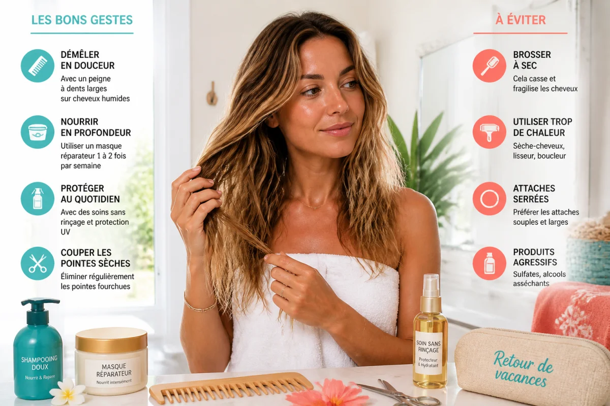 Soins des cheveux après la plage et gestes qui font vraiment la différence